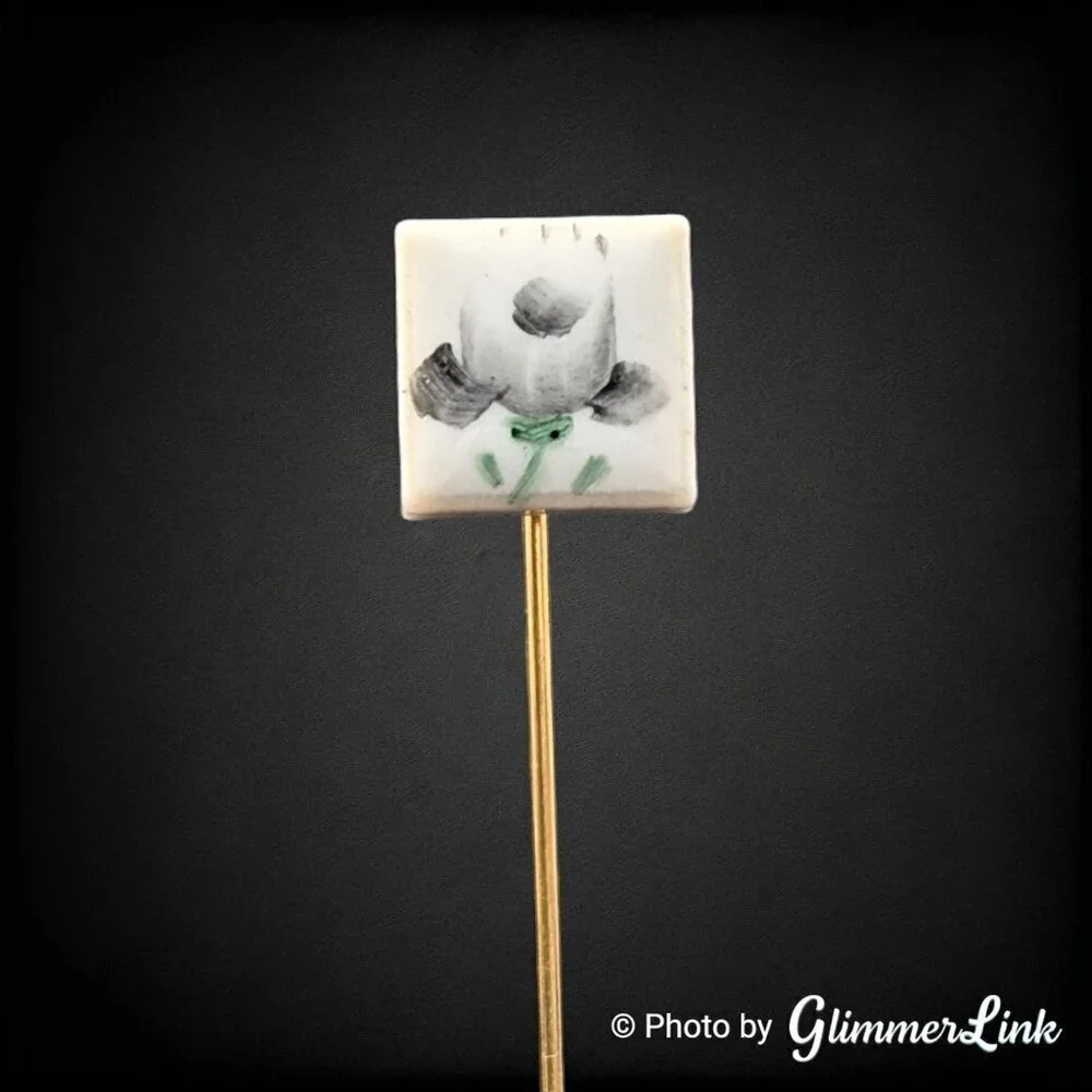 Vintage Floral Hand Painted Ceramic Marbled Square Gold Tone Stick Pin